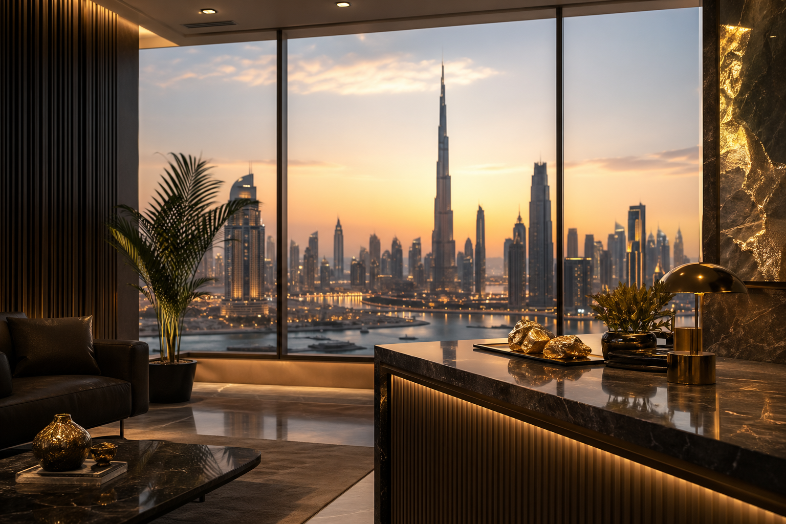 Warm Dubai business lounge with skyline view for client meetings